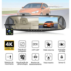 Retrovisor e Gravador LCD CarWatch Pro - 2 CÂMERAS 4K ULTRA HD (Promo Vip)