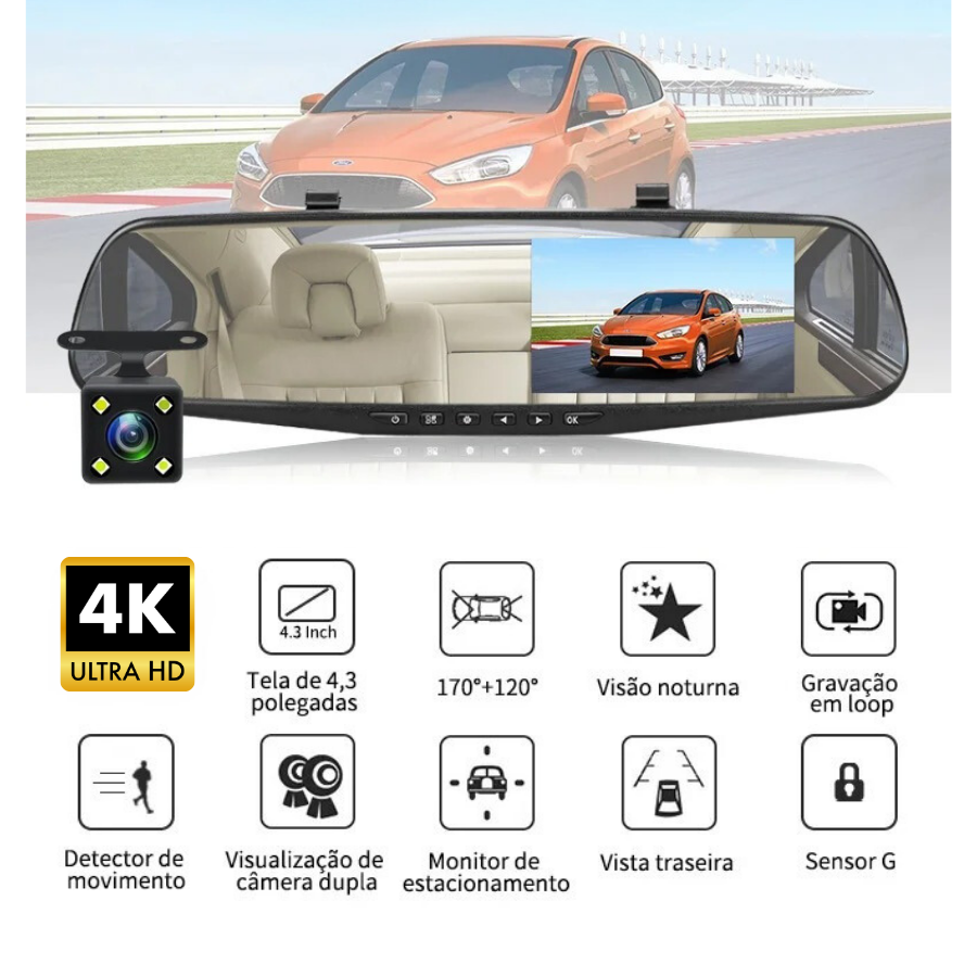 Retrovisor e Gravador LCD CarWatch Pro - 2 CÂMERAS 4K ULTRA HD